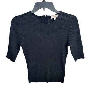 Tory Burch Joella Navy Blue Metallic Ribbed Shirt Womens Medium Wool Sparkly Top